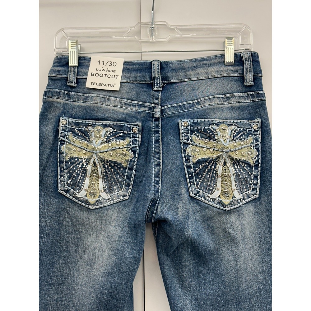 Telepatia Low Rise Bootcut Jeans Blue Embroidered Cross Pockets Size 11/30